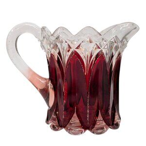 Vtg Ruby Stained Glass Pitcher Etched Victorian Style with Handle 4.5" x 4.5"